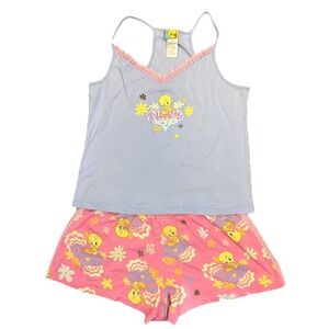 Vintage Juniors Tweety 2 Piece Pajama Set Shorts Medium 7/8 Tank Top Large 11/13